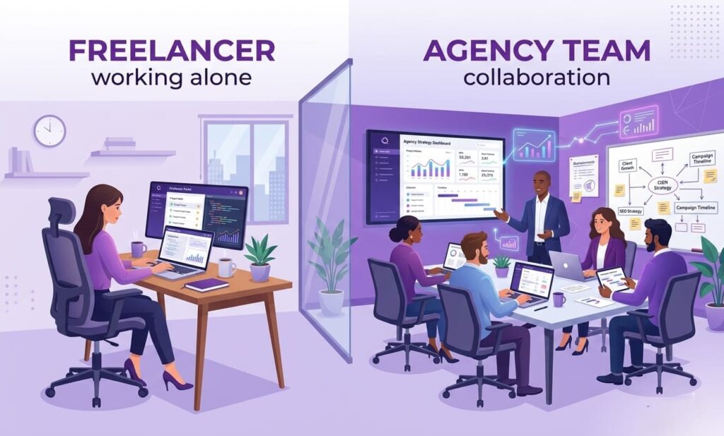 freelancer working alone compared to agency team handling SEO project