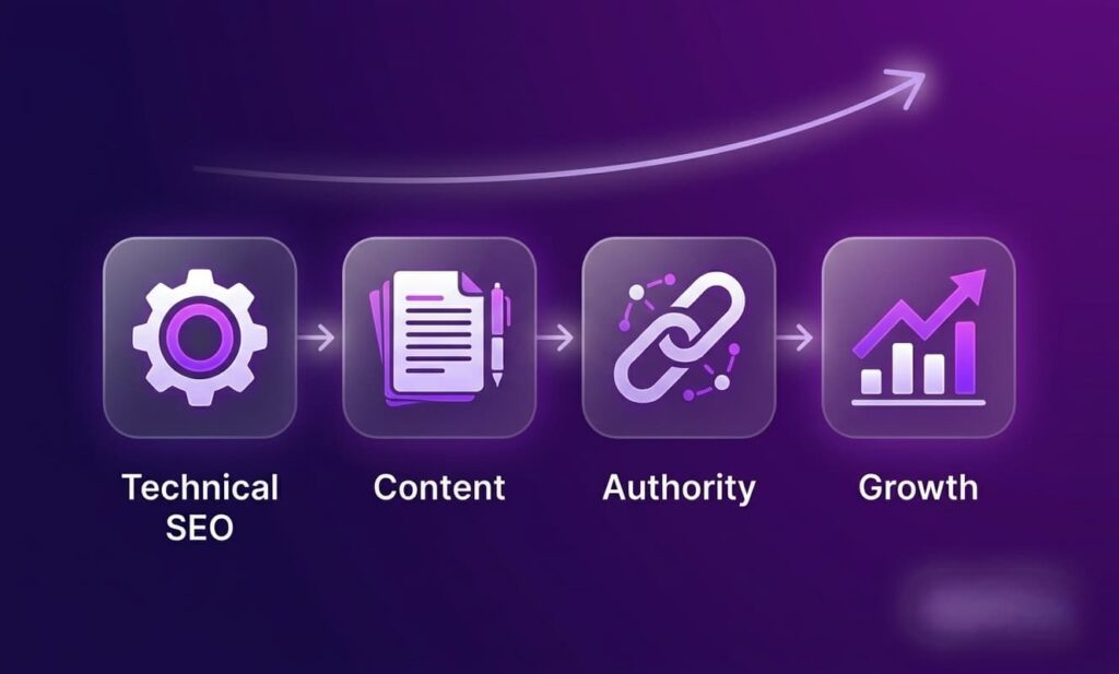 timeline showing phases of SEO work from technical fixes to growth