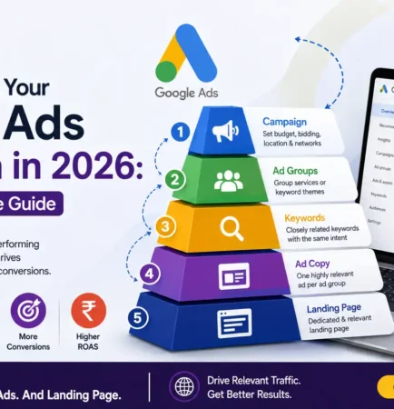Google Ads campaign structure guide for 2026 showing campaign setup, ad groups, keywords, ad copy, and landing page optimization.