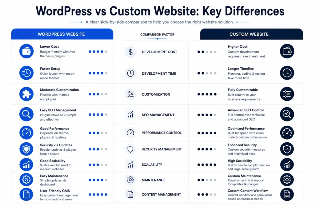 WordPress vs custom website key differences